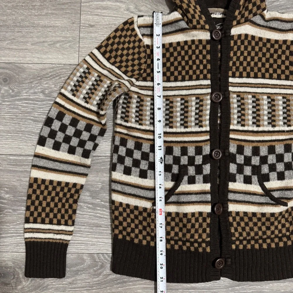 Vans Rare Retro Hooded Cardigan Sweater Brown Checkerboard Geometric Knit Size M